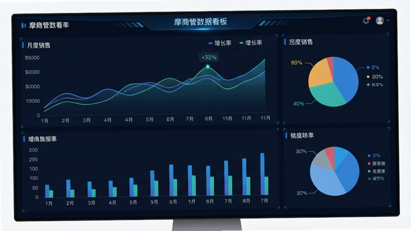 主体为摩商管数据看板界面,布局为图表组合,排版直观清晰,风格为科技感数据可视化,细节包含折线图、柱状图、饼图,文字包含“月度销售”、“增长率”,高清,干净,无多余元素
