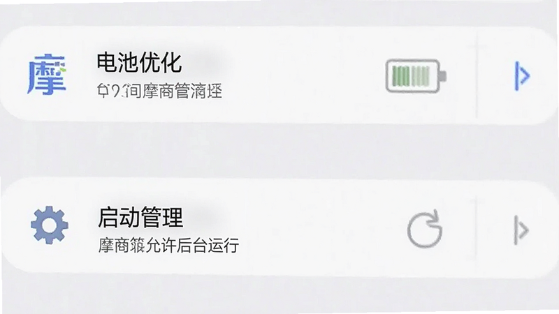 主体为手机设置界面截图,布局为垂直列表,排版清晰,风格为系统原生UI,细节包含“电池优化”、“启动管理”选项,文字包含“摩商管”、“允许后台运行”,高清,干净,无多余元素