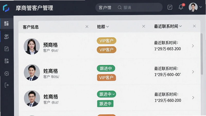 主体为摩商管客户管理界面,布局为列表式展示,排版紧凑有序,风格为专业商务UI,细节包含客户头像、姓名、标签、最近联系时间,文字包含“VIP客户”、“跟进中”,高清,干净,无多余元素