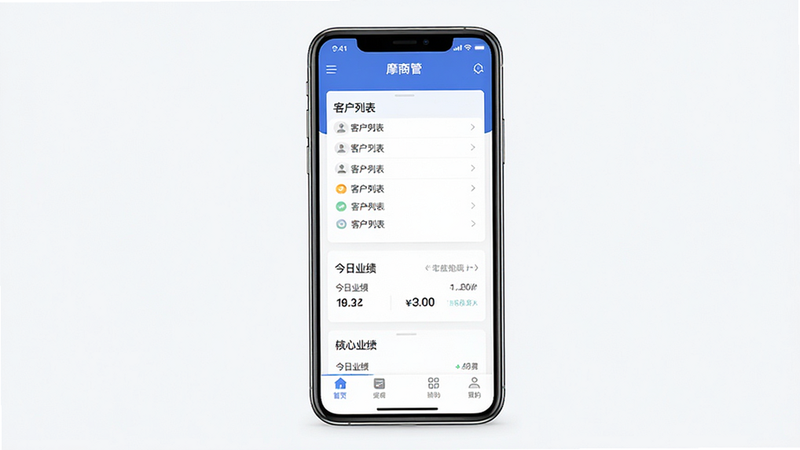 主体为摩商管安卓APP界面展示,布局为全屏手机屏幕,排版清晰整洁,风格为现代商务极简风,细节包含顶部导航栏、中间核心数据卡片、底部功能菜单,文字包含“摩商管”、“客户列表”、“今日业绩”,高清,干净,无多余元素