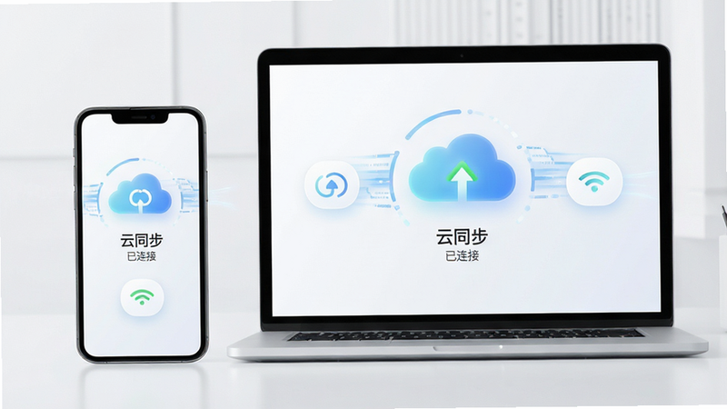 主体为多设备同步场景,布局为手机与电脑并排展示,排版平衡,风格为简约科技风,细节包含同步图标、数据流动效果,文字包含“云同步”、“已连接”,高清,干净,无多余元素