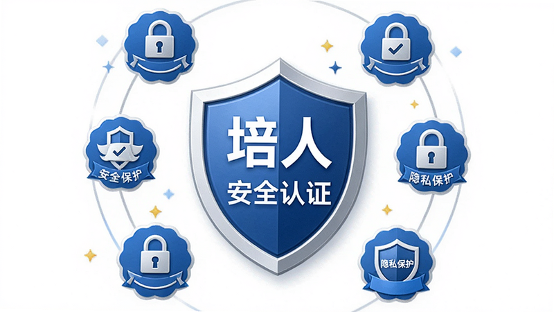 主体为培人应用的安全认证徽章与隐私保护界面,布局为盾牌图标居中,周围环绕认证标志,背景为白色,风格为信任感强的商务风,细节处体现锁形图标与文字说明,画质高清,干净无杂乱,文字内容包含“培人”、“安全认证”、“隐私保护”