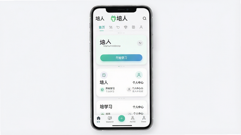 主体为培人安卓应用的高保真UI界面展示,布局采用居中对称式,顶部显示“培人”Logo与导航栏,中部为核心功能卡片流,底部为标签页导航,风格为现代极简主义,细节处体现柔和阴影与圆角设计,画质8k高清,干净无多余元素,文字内容包含“培人”、“开始学习”、“个人中心”