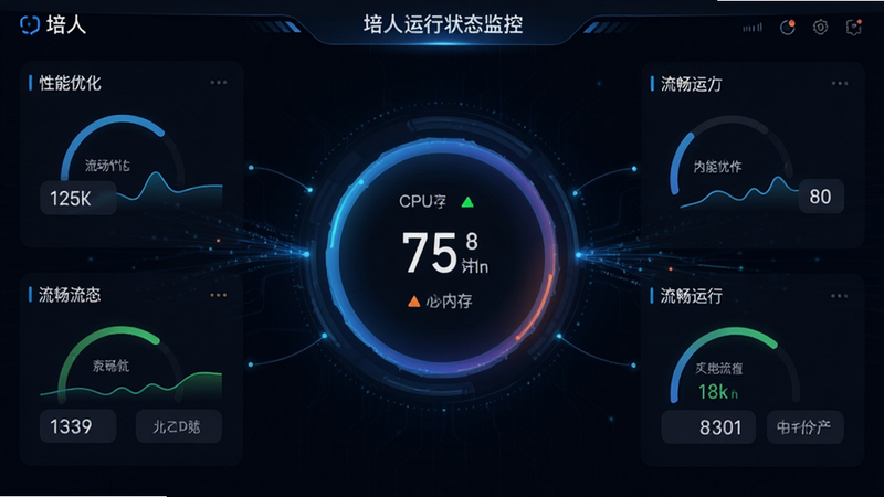 主体为培人应用运行状态监控界面,布局为仪表盘样式,中心显示CPU与内存占用率,周围环绕流畅度指标,风格为深色模式,细节处体现数据流动的光效,画质高清,干净无干扰,文字内容包含“培人”、“性能优化”、“流畅运行”