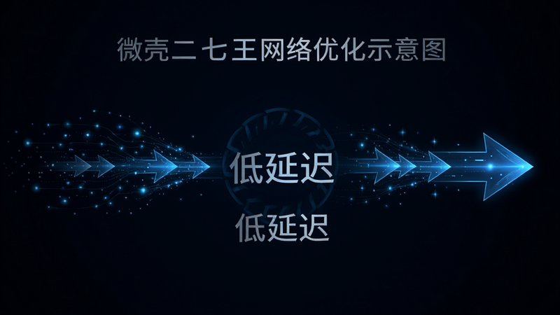 微壳二七王网络优化示意图,主体为数据流箭头,布局线性,背景深色,风格极简科技,细节光点流动,画质高清,干净,文字