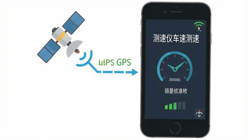 主体为手机GPS信号连接示意图,显示卫星图标与手机之间的数据流,屏幕显示“测速仪车速测速”正在校准中,布局居中,排版整洁,风格扁平化,细节包含信号强度指示,画质清晰,干净,无多余元素