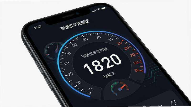 主体为手机屏幕界面,显示“测速仪车速测速”App首页,中央大号数字显示当前车速,背景为简洁深色模式,周围环绕速度刻度环,风格现代科技感,细节清晰,画质高清,干净,无多余元素