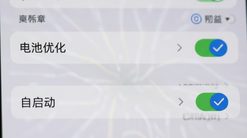 主体为手机设置界面截图,高亮显示“电池优化”和“自启动”选项,背景模糊处理,布局聚焦于权限开关,风格清晰直观,细节包含勾选标记,画质高清,干净,无多余元素