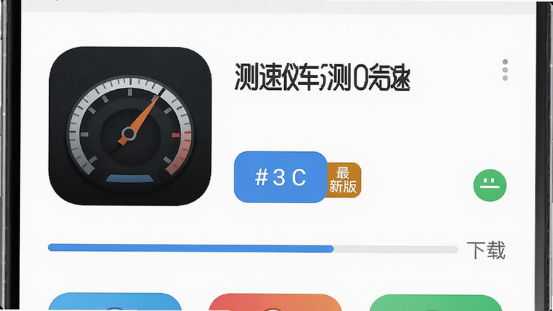 主体为手机应用商店界面,显示“测速仪车速测速”下载按钮,旁边有“最新版”标签,布局简洁,排版清晰,风格商务简约,细节包含下载进度条,画质高清,干净,无多余元素