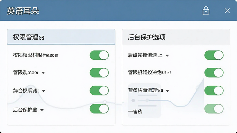 主体为“英语耳朵”设置界面截图,显示权限管理和后台保护选项,布局清晰,排版规范,风格专业,细节展示开关状态,画质高清,干净,无多余元素