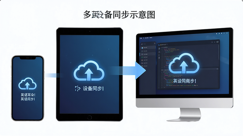 主体为“英语耳朵”多设备同步示意图,显示手机、平板和电脑屏幕联动,布局平衡,排版直观,风格未来感,细节显示云端同步图标,画质超清,干净,无多余元素