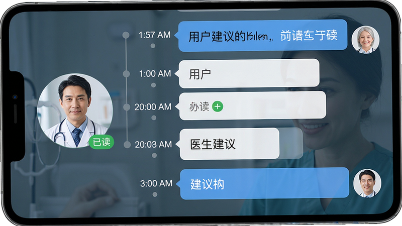 主体:医生在线问诊对话界面,布局:气泡式聊天窗口,左侧医生头像,右侧用户文字,排版:时间轴顺序,风格:清新简洁,细节:显示