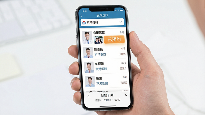 主体:手机屏幕显示预约挂号界面,布局:顶部为医院选择,中部为医生列表,底部为日期选择器,排版:列表式垂直排列,风格:简洁商务风,细节:高亮显示