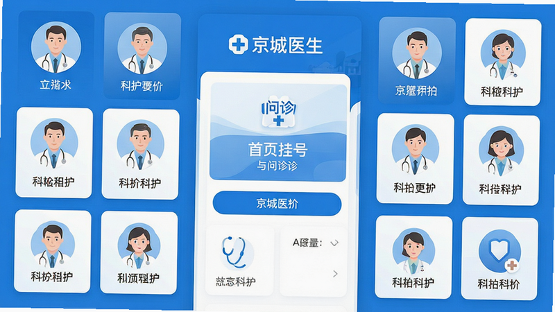 主体:京城医生App界面全景图,布局:中心展示首页挂号与问诊入口,周围环绕医生头像与科室图标,排版:网格状清晰排列,风格:现代医疗蓝白配色,扁平化设计,细节:高清图标,文字