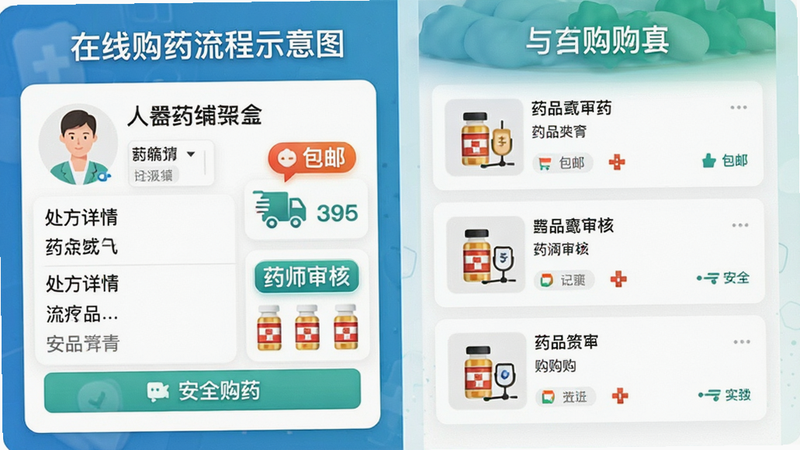 主体:在线购药流程示意图,布局:左侧为处方详情,右侧为药品列表与购物车,排版:左右分栏结构,风格:电商化医疗界面,细节:显示