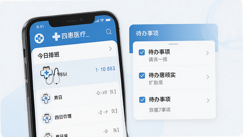 主体为四惠医疗_助理端APP的手机界面展示,布局采用左右分栏设计,左侧显示