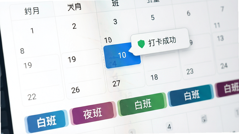 主体为排班管理界面特写,布局为月历视图,高亮显示当前日期,下方排列着不同颜色的班次标签如