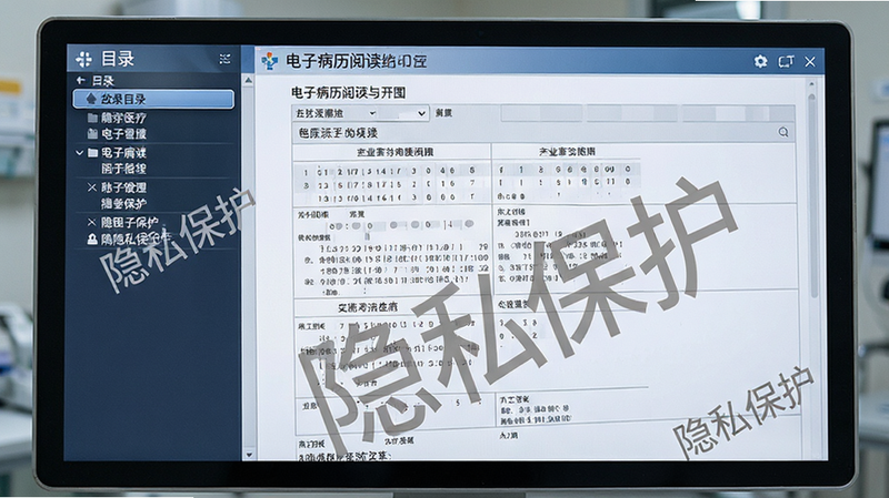 主体为电子病历阅读界面,布局为左侧目录导航栏,右侧正文内容区,排版模拟纸质病历结构,风格为专业严谨的医疗文档风,细节处有