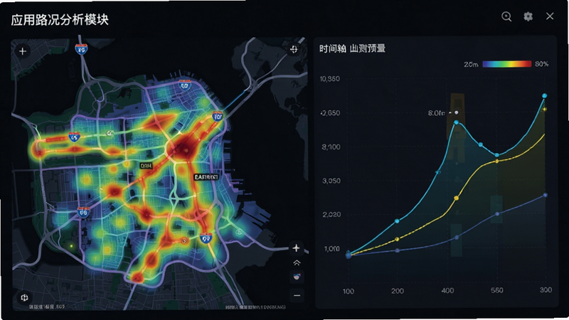 主体为应用内的路况分析模块,布局分为左右两部分,左侧为地图拥堵热力图,右侧为时间轴预测曲线,风格为数据可视化设计,细节包括不同颜色代表的拥堵等级,画质清晰,干净,无多余元素