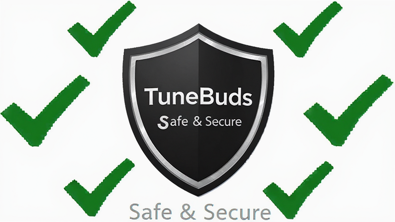 主体为TuneBuds安全认证图标,布局为中心盾牌标志,周围环绕绿色对勾,背景为白色,风格信任可靠,细节清晰,画质高清,干净,无多余元素,文字显示为