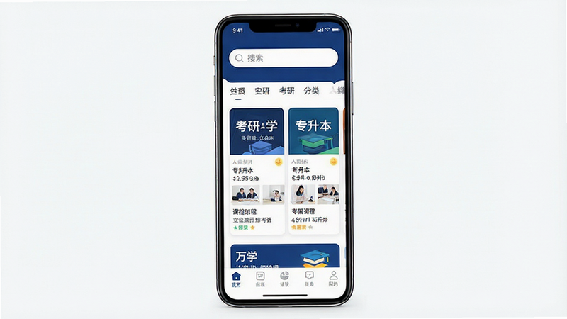 生成一张高质量的教育类APP界面展示图,主体为手机屏幕,显示“万学”APP首页,布局清晰,顶部有搜索栏和分类标签,中间展示考研和专升本的课程卡片,底部有导航栏。风格为现代简约UI设计,色彩以白色和深蓝色为主,文字清晰可读,画质高清,无多余元素,干净背景