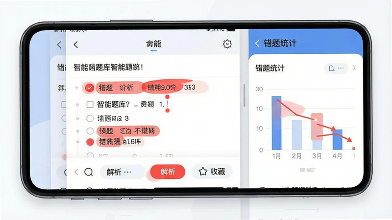 生成一张展示APP内“智能题库”功能的界面图,主体为手机屏幕,显示一道选择题界面,下方有“解析”和“收藏”按钮,侧边栏显示“错题统计”图表。风格为扁平化设计,重点突出红色高亮的错题标记,文字清晰,布局合理,画质精细,无水印