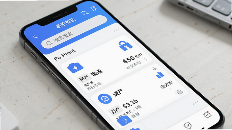 主体为智能手机屏幕,显示“易拍有租”应用界面,布局为顶部搜索栏与中部资产列表,排版整洁有序,风格为现代简约商务风,细节包含清晰的图标与文字标签,画质高清,干净,无多余元素