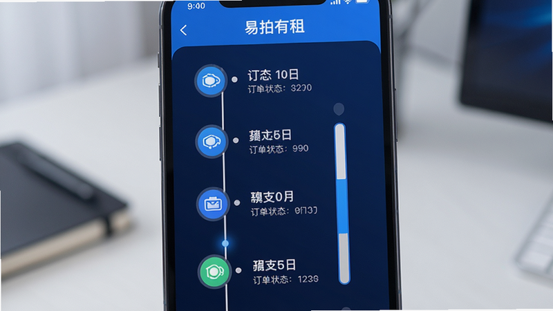主体为手机界面,显示“易拍有租”订单状态进度条,布局为垂直时间轴,排版清晰直观,风格为科技感蓝白配色,细节包含状态图标与时间节点,画质高分辨率,干净,无多余元素