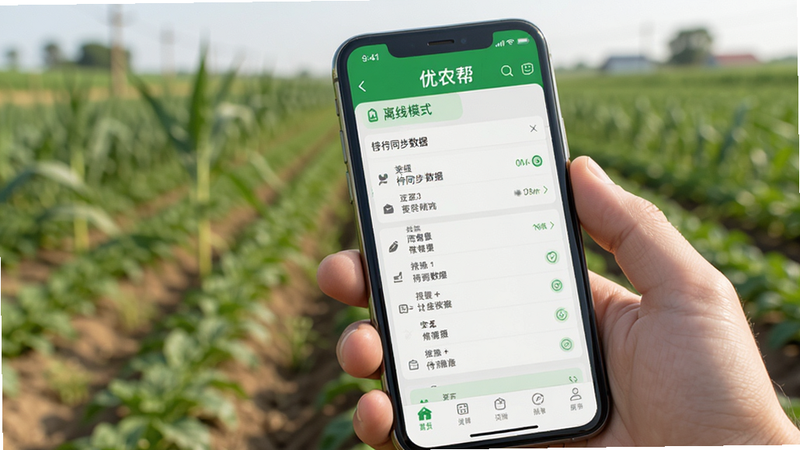 展示“优农帮”APP在手机上的离线录入界面,屏幕显示“离线模式”标识和待同步数据列表。背景是模糊的农田环境,手机握在手中,光线自然,细节清晰,体现户外使用的便捷性,高清摄影风格。