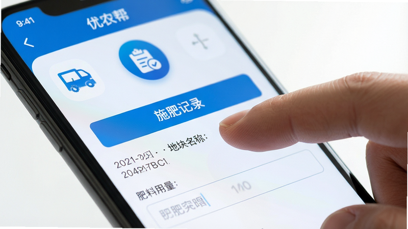 特写镜头展示手指在“优农帮”APP界面上点击“施肥记录”按钮,界面清晰显示日期、地块名称和肥料用量输入框。背景虚化处理,突出手机屏幕内容,界面设计简洁现代,蓝色主色调,图标清晰,高清细节,干净背景。