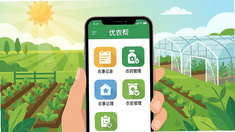 一张展示现代智慧农业场景的插画,画面中央是一部智能手机,屏幕上显示着“优农帮”APP的界面,界面包含“农事记录”、“农药管理”等图标。背景是绿色的农田和整齐的温室大棚,阳光明媚,风格清新自然,扁平化设计,色彩明亮,高清无噪点,干净布局,无多余文字元素。