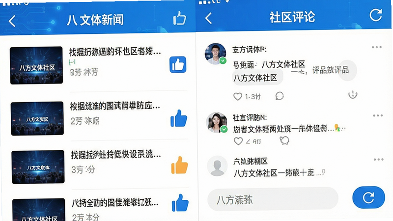 主体为手机应用界面截图,左侧为新闻列表,右侧为社区评论区,布局左右分栏,排版紧凑有序,风格为科技感蓝色调,细节展示点赞图标与刷新按钮,画质清晰,干净无杂乱元素,文字“八方文体社区”清晰可见
