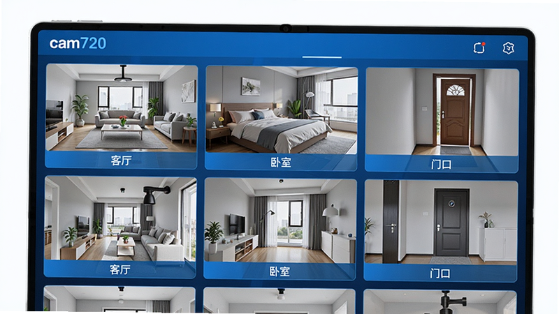 主体为cam720应用的多设备管理界面,屏幕显示网格状的多个摄像头缩略图,分别标注