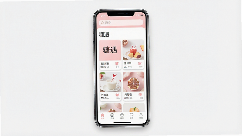 一张清新简约风格的移动端APP界面全景图,主体为“糖遇”应用首页,布局清晰,包含顶部搜索栏、中部推荐卡片和底部导航栏,整体色调为柔和的淡粉色与白色搭配,细节处有细腻的阴影效果,画质高清,干净,无多余元素,文字“糖遇”清晰可见