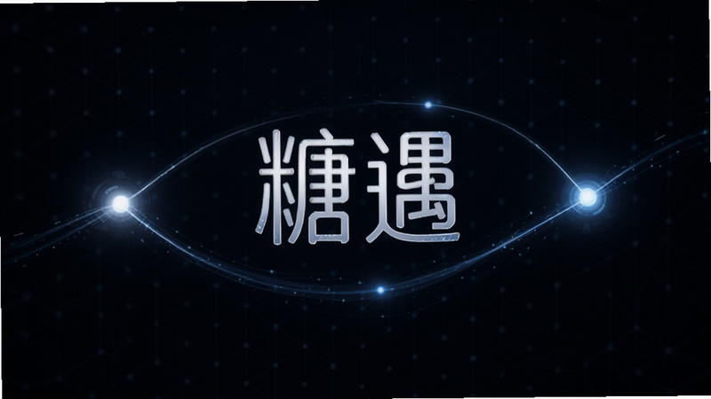 抽象概念图,展示两个由线条连接的光点,象征精准匹配,背景为深色科技感网格,中间悬浮着“糖遇”的Logo,布局居中,风格现代极简,细节处有流动的光效,画质细腻,干净,无多余元素
