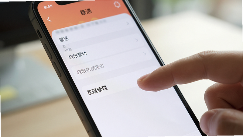 一部智能手机展示着“糖遇”APP的设置界面,手指正在点击“权限管理”选项,背景模糊处理,突出操作细节,风格写实摄影,光线柔和,画质高清,干净,无多余元素