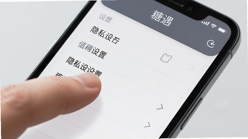 手机屏幕特写,显示“糖遇”APP的隐私设置列表,手指滑动屏幕,界面简洁明了,背景为浅灰色,风格扁平化设计,细节清晰,画质高清,干净,无多余元素