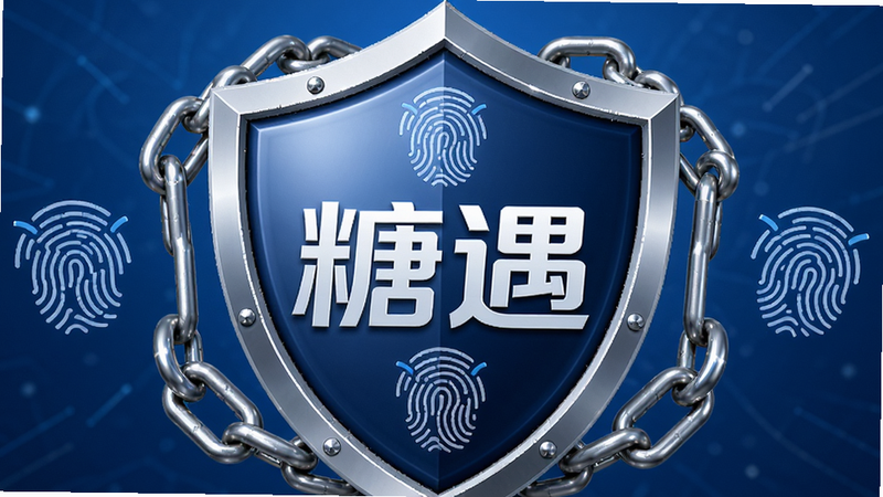 盾牌形状的防护图标,中间是“糖遇”的Logo,周围环绕着锁链和指纹识别图案,象征安全与隐私,背景为蓝色渐变,布局稳重,风格专业可靠,细节处有光泽质感,画质清晰,干净,无多余元素
