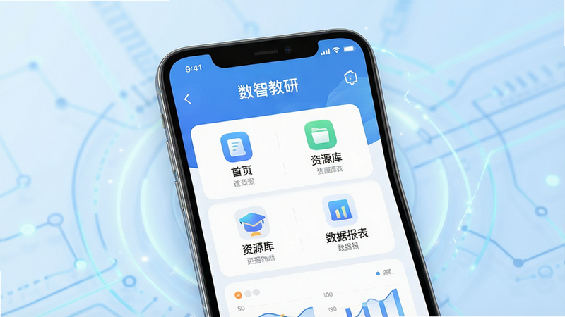 一张展示“数智教研”APP界面的高清UI设计图,主体为手机屏幕,背景为干净的浅蓝色科技风渐变,布局清晰,包含首页、资源库、数据报表等核心模块图标,排版整齐,风格现代简约,细节丰富,画质8k,干净,无多余元素,文字“数智教研”清晰可见