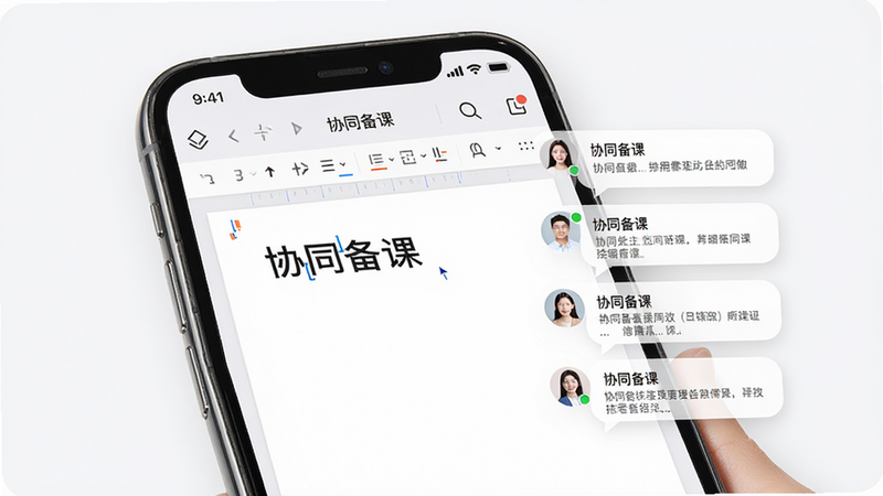 展示多人协作编辑界面的UI图,主体为手机屏幕,显示文档编辑区域和右侧的评论气泡,布局左右分栏,风格简洁专业,细节展示光标和头像,画质高清,干净,无多余元素,文字“协同备课”