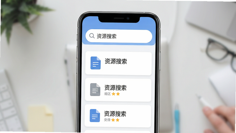 展示资源搜索界面的UI图,主体为手机屏幕,上方有搜索框,下方列出文档卡片,布局为列表式,风格扁平化,细节展示文件图标和标题,画质高清,干净,无多余元素,文字“资源搜索”
