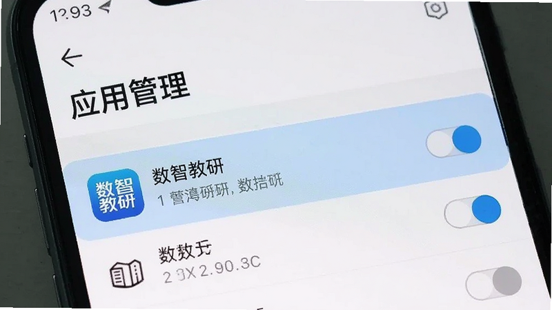 展示手机设置界面中“应用管理”页面的截图,主体为手机屏幕,高亮显示“数智教研”应用项,布局为列表式,风格系统原生,细节展示权限开关,画质清晰,干净,无多余元素,文字“应用管理”