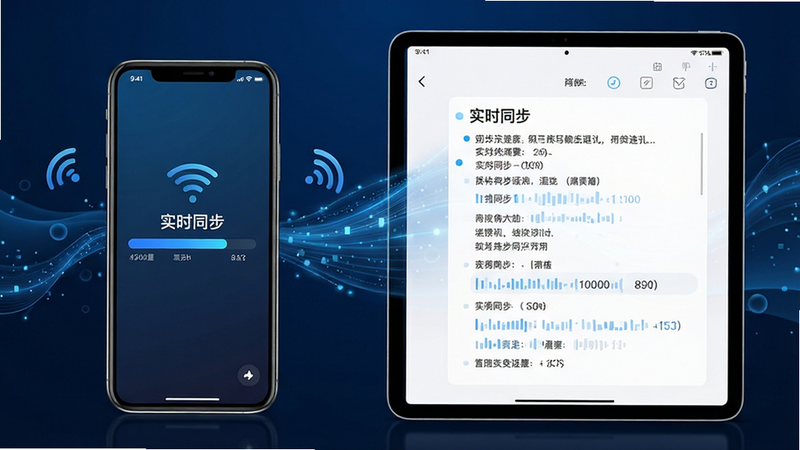 主体为手机与平板并排展示图,布局对称,左侧手机屏幕显示同步进度条,右侧平板屏幕显示相同笔记内容,排版平衡,风格为科技感蓝色调,细节包含无线信号图标与流畅的数据流动特效,画质精细,干净,无多余装饰,文字显示