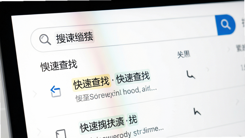 主体为搜索界面特写,布局聚焦于顶部搜索栏与下方结果列表,排版清晰,风格为极简白色背景,细节包含高亮的关键词匹配标记与清晰的列表分割线,画质锐利,干净,无干扰元素,文字显示