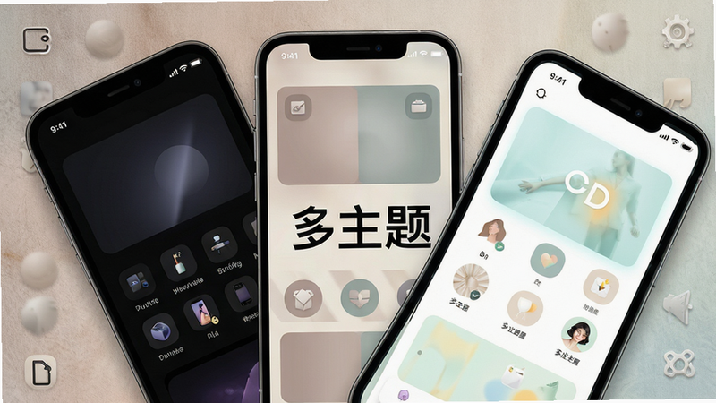 主体为多个手机屏幕并排展示不同主题界面,布局呈扇形排列,左侧为深色模式,中间为莫兰迪色系,右侧为明亮清新风格,排版错落有致,风格为时尚杂志风,细节包含细腻的纹理背景与精致的图标设计,画质高清,干净,无杂乱元素,文字显示