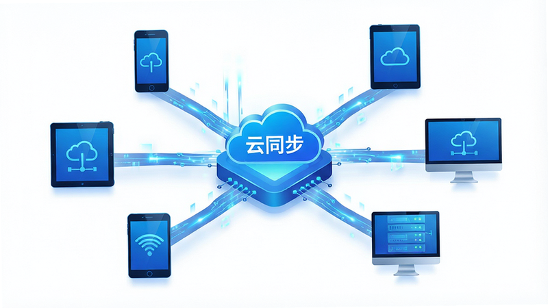 主体为多台设备数据同步示意图,布局为中心辐射状,中间为云端服务器图标,四周分布手机、平板、电脑图标,排版对称,风格为科技蓝色调,细节包含数据流动的光效与连接线条,画质高清,干净,无杂乱背景,文字显示