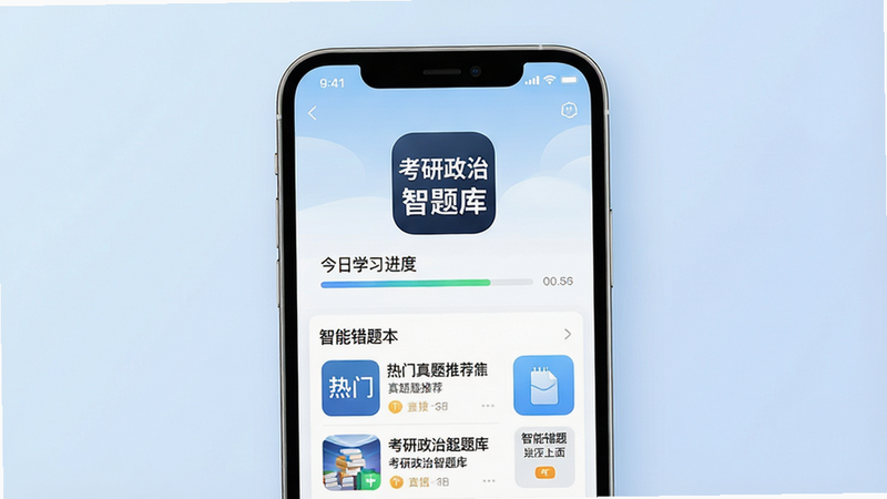一张高分辨率的考研政治智题库APP主界面展示图,主体为手机屏幕,屏幕中央显示“考研政治智题库”应用图标及首页布局,包含今日学习进度条、热门真题推荐列表和智能错题本入口,背景为柔和的淡蓝色渐变,排版整洁现代,细节清晰,画质4k,干净无多余元素