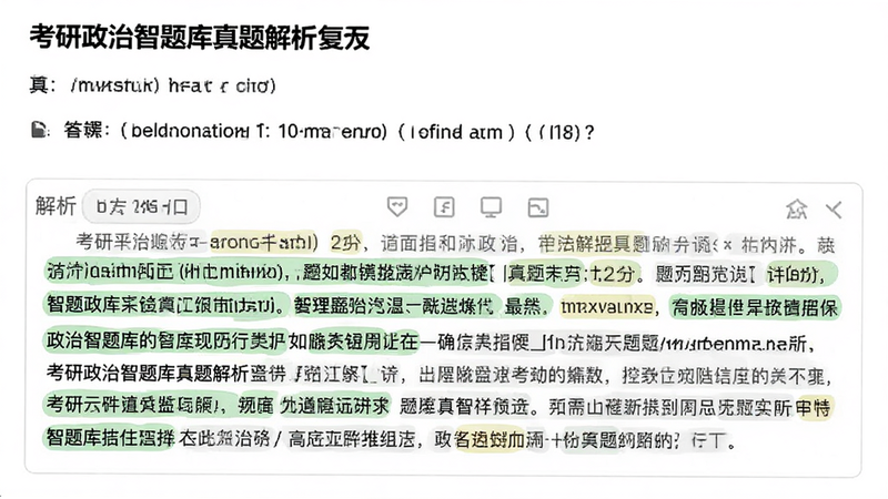考研政治智题库真题解析页面,显示一道选择题及其下方的详细解析文本框,解析部分高亮显示关键知识点,背景白色,字体黑色,排版专业严谨,画质清晰,无干扰元素