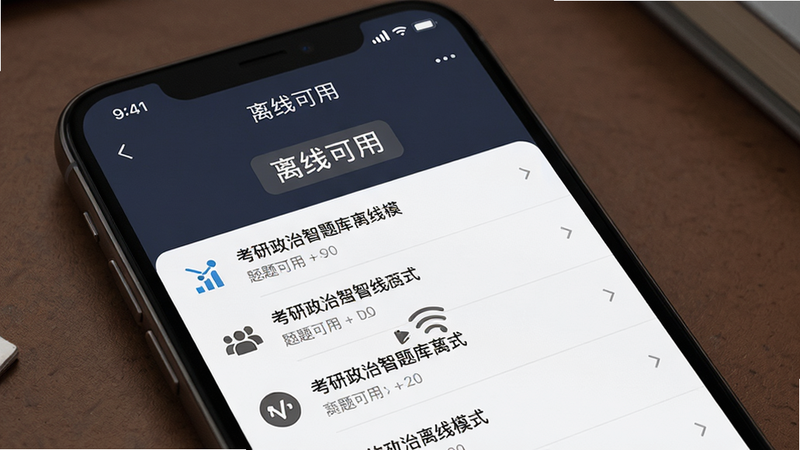 考研政治智题库离线模式界面,手机屏幕显示“离线可用”状态标识,下方为题目列表,网络连接图标显示为断开状态,整体色调沉稳,细节精致,画质高,布局简单明了