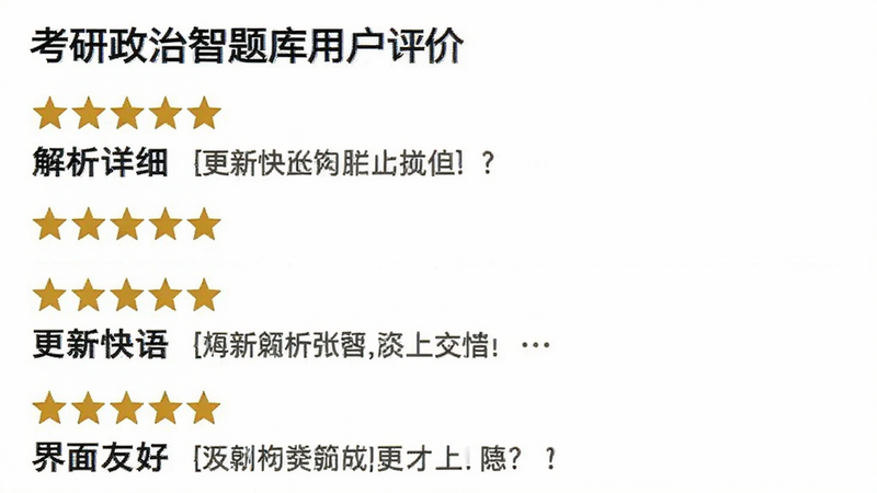 考研政治智题库用户评价截图,显示多条五星好评,评论内容包括“解析详细”、“更新快”、“界面友好”等,背景白色,字体黑色,排版整齐,画质清晰,无水印